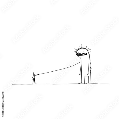 A stick figure man holds a leash attached to a tall spiky monster with a toothy grin illustration