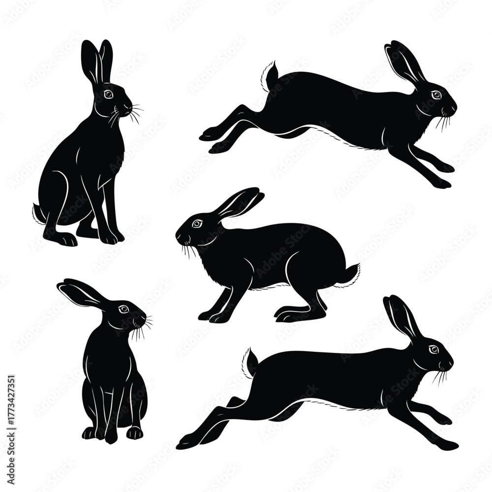 Fototapeta premium A collection of five black hare silhouettes in various dynamic and static poses.