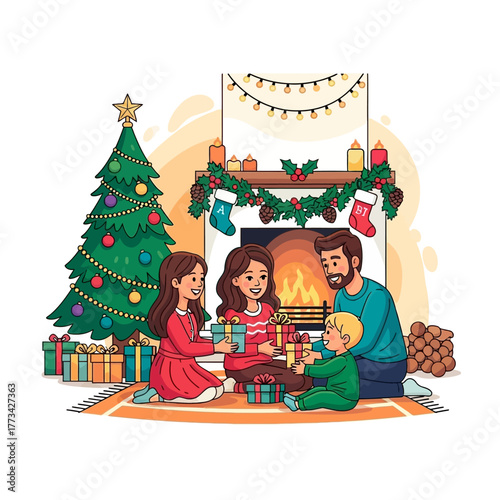 A happy family exchanging Christmas gifts by a warm fireplace and decorated tree, celebrating the holiday season together.