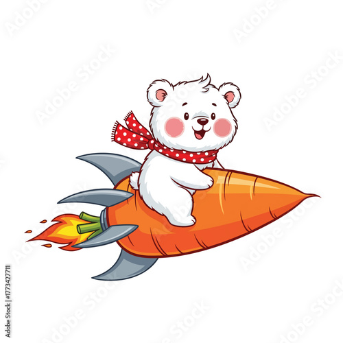 A cute cartoon white bear with a red polkadot scarf riding a flying carrot rocket ship.