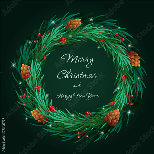 Festive Christmas wreath with pine branches, cones and berries on a dark green background. Elegant holiday decoration with sparkling lights and greeting text. Perfect for winter holidays, greeting