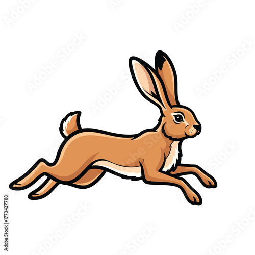 A dynamic cartoon illustration of a brown hare with long ears leaping swiftly forward.