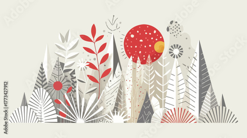 Abstract forest landscape with red sun and stylized plants