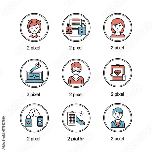 A set of nine circular medical and healthcare icons in a modern 2pixel colored outline style featuring doctors patients and technology symbols.