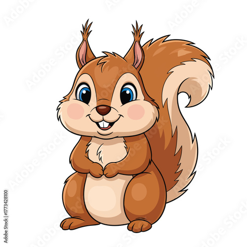 Adorable cartoon squirrel with big blue eyes and a bushy tail sitting upright with a friendly smile and tufted ears.