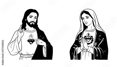 esus and Mary with Sacred Hearts on Their Chests – Christian Religious Vector Illustration Symbolizing Divine Love and Compassion