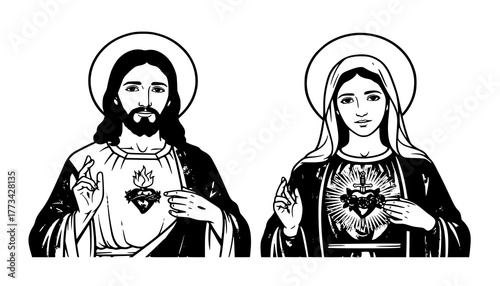 esus and Mary with Sacred Hearts on Their Chests – Christian Religious Vector Illustration Symbolizing Divine Love and Compassion