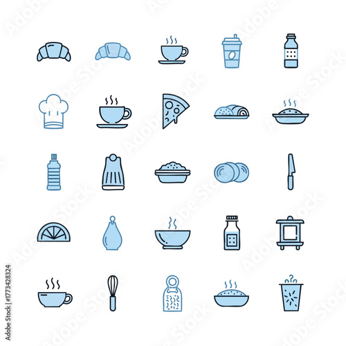 Blue twotone line art icon set featuring food drinks and various kitchenware essentials.