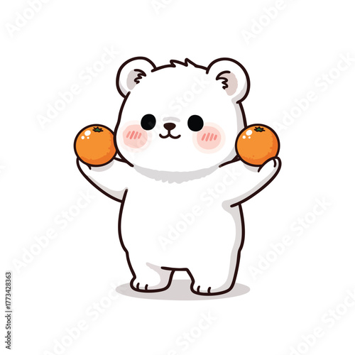 Chubby white cartoon bear with rosy cheeks standing and holding two vibrant oranges.