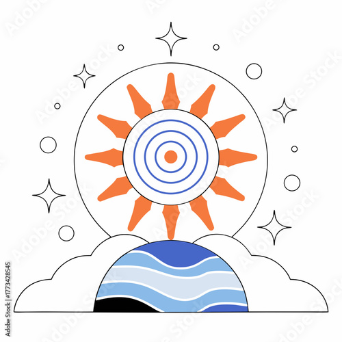 Vibrant sun with layered cosmic rings shines above stylized waves, creating harmonious and uplifting scene