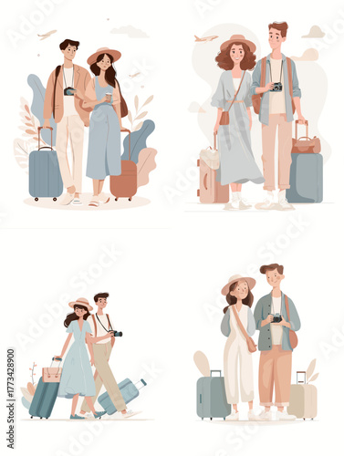 Soft pastel illustration of couples traveling with luggage and cameras. Ideal for travel blogs, lifestyle branding, vacation posters, honeymoon artwork, and modern illustration projects.