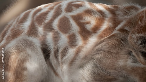 Closeup of giraffe skin showing the unique pattern of brown and white spots, creating a beautiful and natural texture, perfect for backgrounds and designs