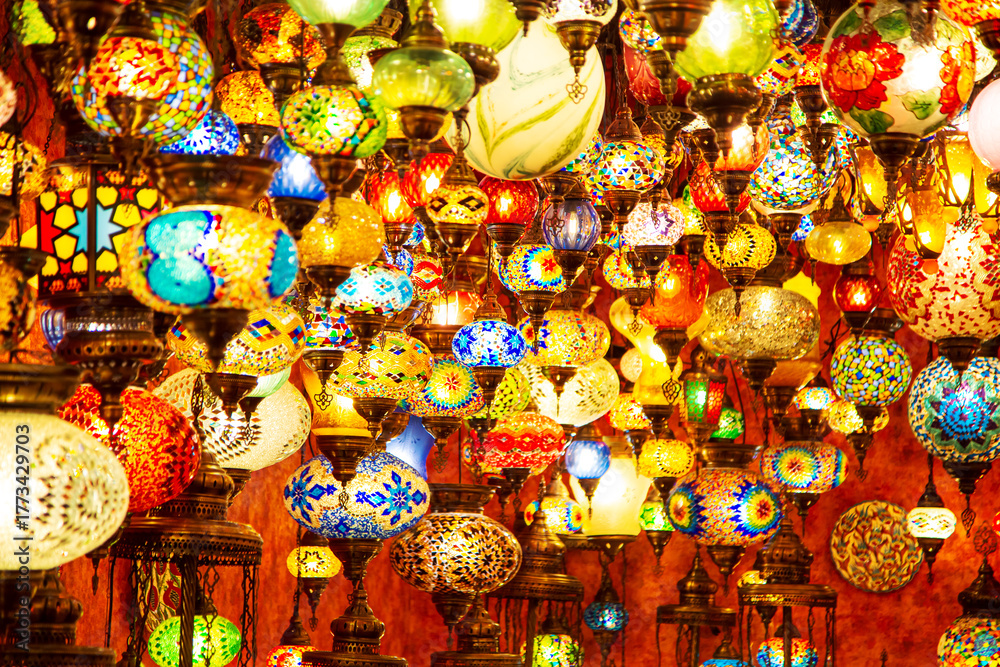 Fototapeta premium Traditional colorful Turkish lamps at the Grand Bazaar. Stained glass mosaics.
