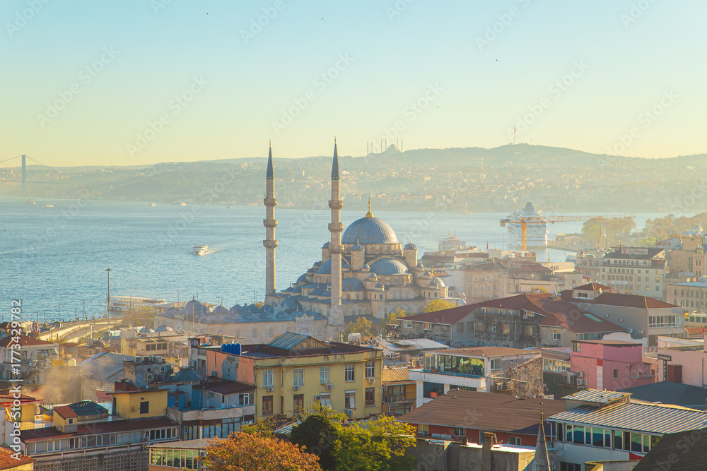 Naklejka premium Sunrise in Istanbul. The New Valide Sultan Mosque and the Çamlıca Mosque in the background.