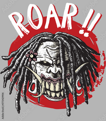 A fierce tribal-inspired mask with dreadlocks, tusks, and a wide menacing grin under bold “ROAR!!” text, symbolizing primal strength and warrior spirit with Balinese mythical influence.