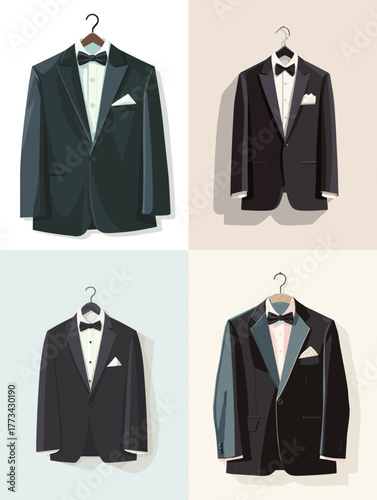 Elegant illustration of classic black tuxedo suits with bow ties on hangers. Perfect for wedding invitations, men’s fashion design, boutique branding, and formalwear illustration projects.