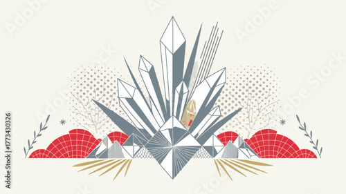 Art deco crystal and geometric mountain landscape illustration