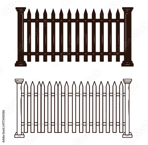 Two vector illustrations of wooden picket fences isolated on a white background