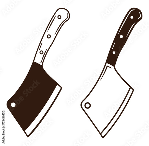 Two vintage style cleavers isolated against a white background depicting butchery tools