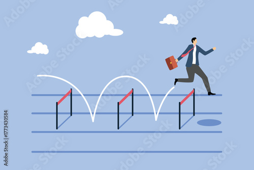 Businessman jumping higher over hurdle. Business concept, through the obstacles for the goal