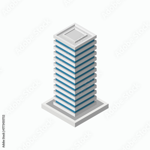Isometric commercial and residential building. Modern architecture. Smart isometric building game assets. Business center building 3d render illustration with windows. Simple icon white colors.
