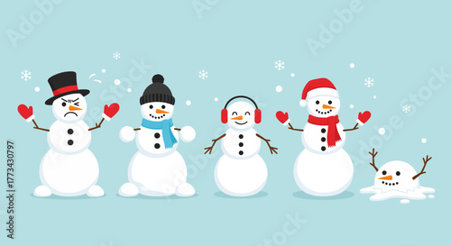 A collection of cute cartoon snowmen with different emotions and accessories, including a melting one.