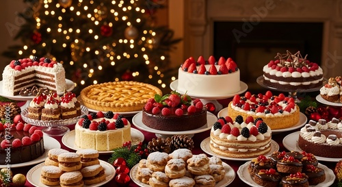 A festive array of cakes and desserts for a christmas celebration