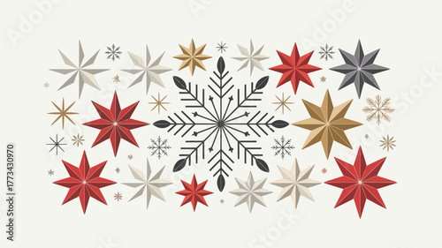 Festive snowflake and star decorations for winter holidays