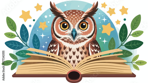 Wise owl reading an open book surrounded by stars and leaves