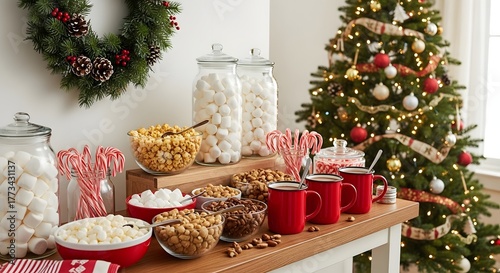 Festive holiday dessert bar with christmas tree and wreath decoration setup