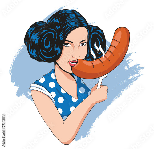 A retro-style pop art illustration of a woman in a blue polka-dot dress playfully holding a steaming sausage, blending humor and vintage aesthetics.