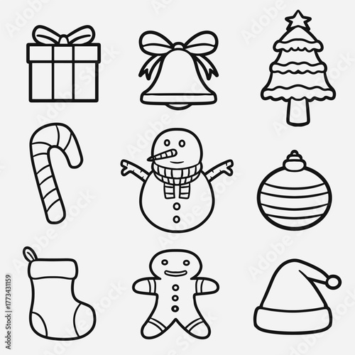 set of christmas decorations with outline good for icon, symbol, element design, coloring book, etc