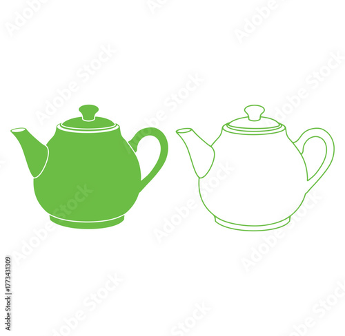 Vector illustration of a green teapot and its outline for tea time design