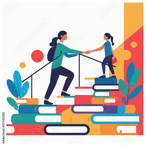 Solid color minimal flat vector for National Mentoring Day with mentor guiding mentee, helping hand, success stairs, lightbulb & growth tree concept