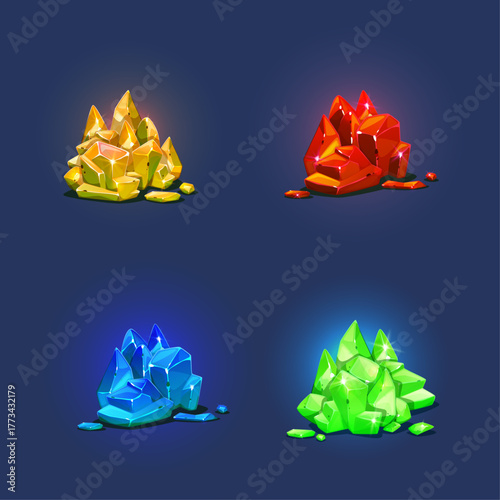 Collection of glowing magical crystals in vibrant colors, precious gems for games