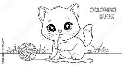 A cute cartoon kitten with big sparkling eyes playing with a ball of yarn