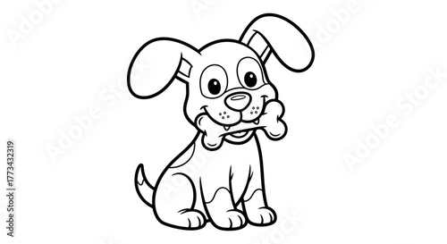 Black and white illustration of a smiling puppy sitting with a bone