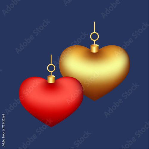 Two Heart Shaped Christmas Ornaments, One Red and One Gold, Hanging Against a Dark Blue Background