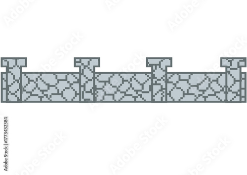 Illustration of a stone brick fence with square pillars, featuring a medieval-style pattern and solid texture, representing durability and architectural design.