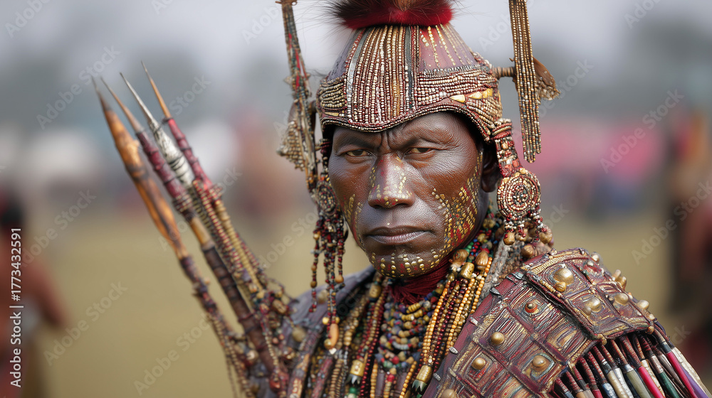 Obraz premium Traditional tribal warrior in ornate armour with arrows and headgear at Hornbill Festival