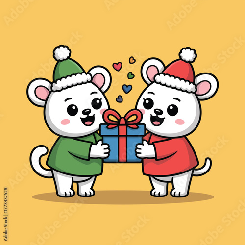 Two cute cartoon mice exchange a Christmas gift with hearts floating above them.