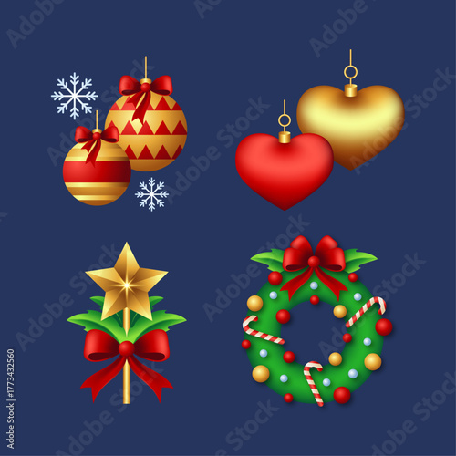 festive holiday season decorations Christmas ornaments, wreath, and heart baubles