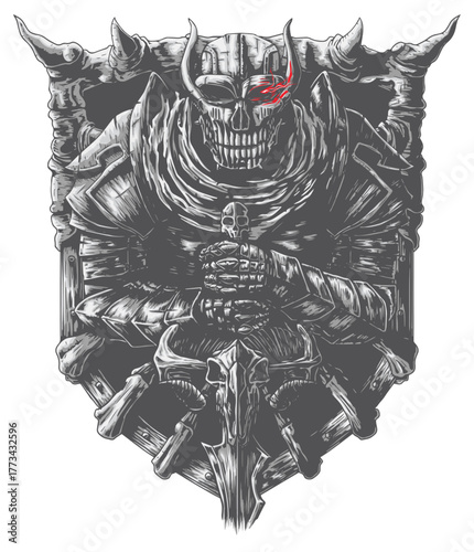 A menacing skull warrior in dark armor with glowing red eyes, clutching a sword. The design symbolizes death, power, and eternal battle in gothic fantasy style.