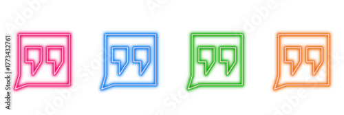 Neon glowing speech bubble with quotation marks vector icons set, message, quote, communication, testimonial, review, vibrant colorful digital design illustration on transparent background. 