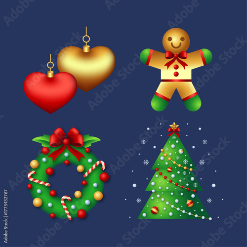 Festive Christmas Decorations A Heart Ornament, Wreath, and Gingerbread Man on a Dark Blue Background