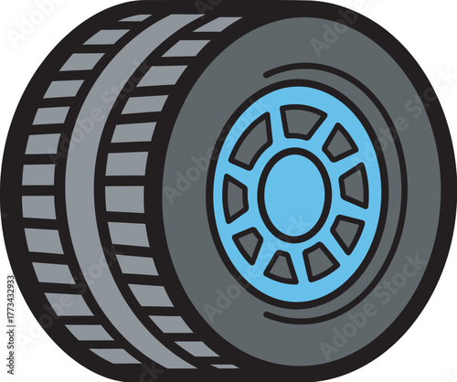Close-up illustration of a car tire with a blue rim, showcasing tread detail.