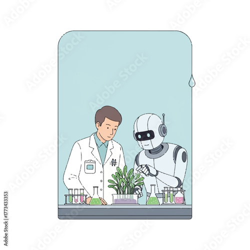 A scientist and a robot are examining plants and test tubes in a laboratory setting, possibly conducting research or an experiment.