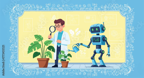 A scientist examines a plant with a magnifying glass while a robot waters another plant in a laboratory setting.