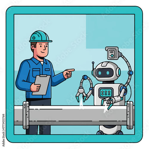 A worker in a hard hat points at a leak in a pipe while a robot with a camera arm attempts to fix it.