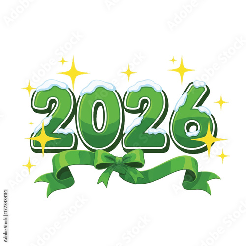 The year 2026 in green, cartoonish numbers with snow on top, adorned with a green ribbon and sparkling stars.